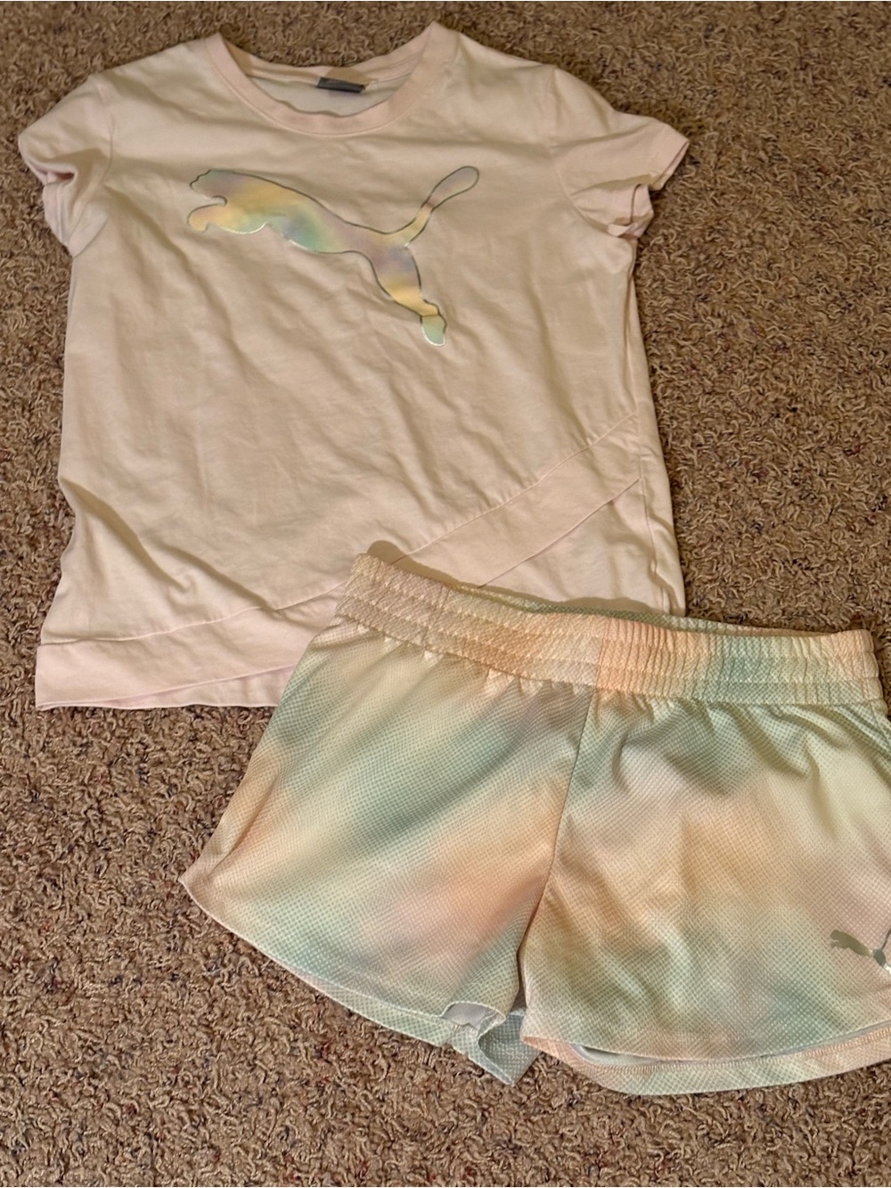 Puma Pastel Pink Tee with Multicolor Pastel Tie-Dye Shorts
